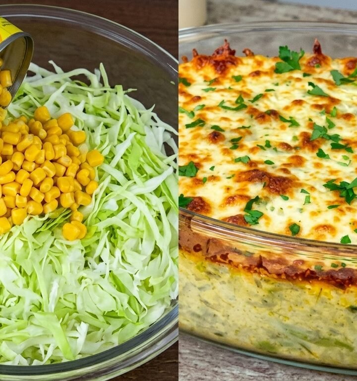 Torta Rápida Gratinada de Repolho com Milho e Queijo