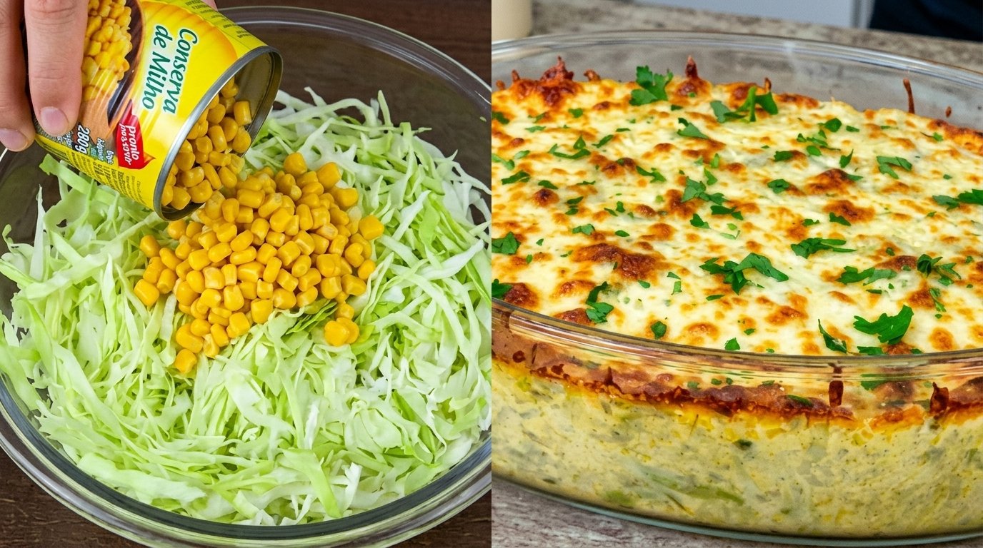 Torta Rápida Gratinada de Repolho com Milho e Queijo